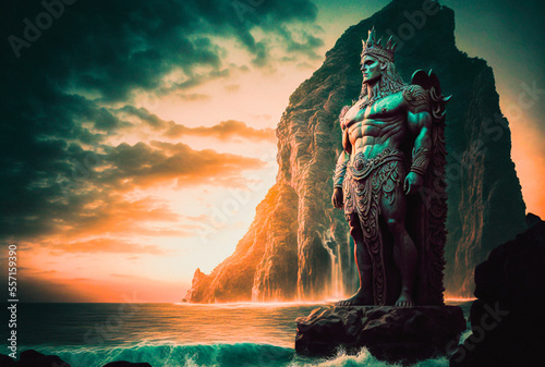 Giant godlike aztec or maya statue guardian next to a beach in a mountain environment landscape