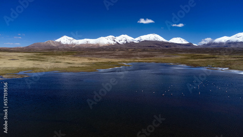 Chungara lake view with volcanic background in Lauca National Park on the border between Chile and Bolivia. photo