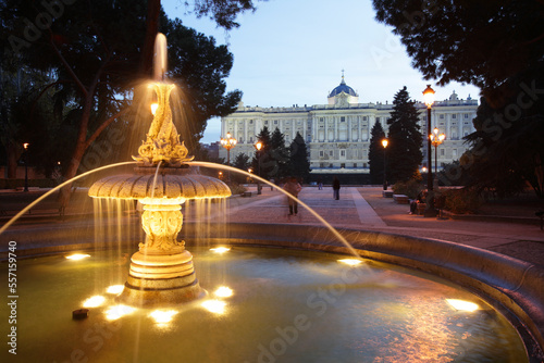 Royal palace and Fountain seen from Sabatini gardens  Madrid  spain