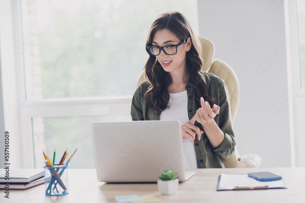 Photo of confident happy lady teacher wear spectacles online lesson modern device indoors workplace workshop Photo of confident happy lady teacher wear spectacles online lesson modern device indoors workplace workshop