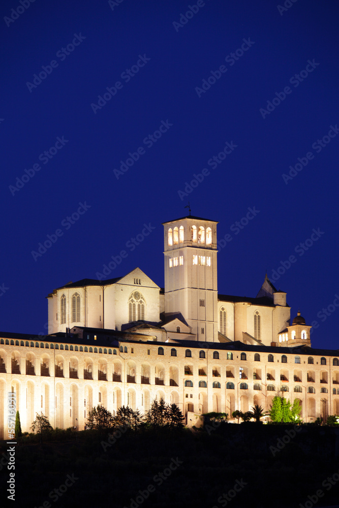 Basilica of San Francesco d'Assisi at dusk, Assisi, Italy