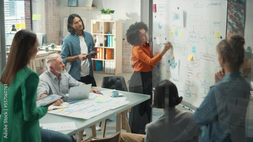 Modern Product Presentation Event: Successful Black Businesswoman Speaker Presents e-Commerce Startup Big Data Statistics, Charts, Revenue Growth Infographics for Startup Management Board