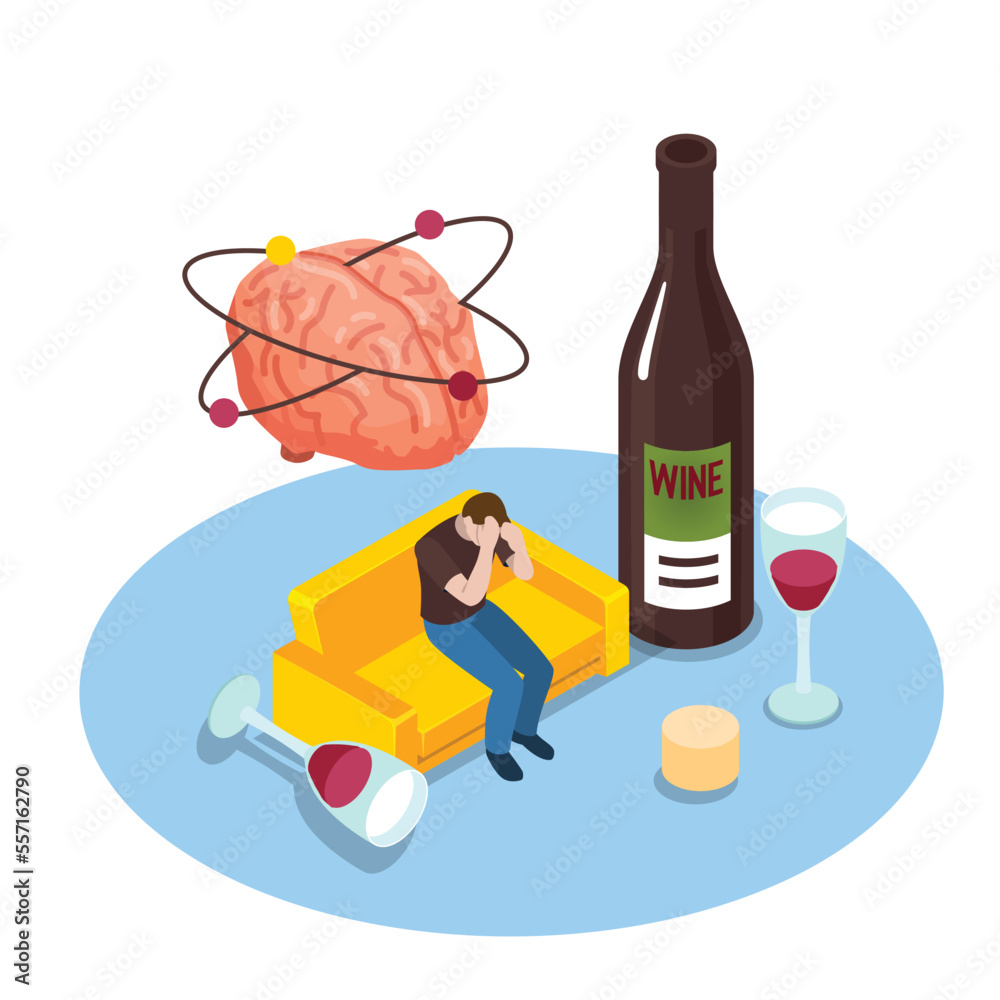 Hangover after drinking alcohol isometric 3d vector illustration concept for banner, website, illustration, landing page, flyer, etc.