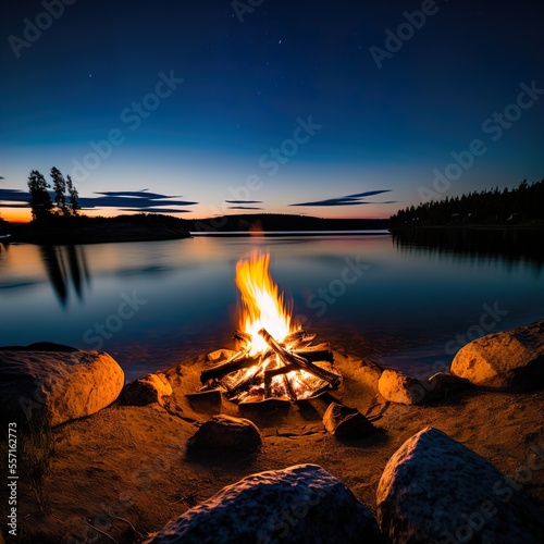 A roaring campfire outdoors. 