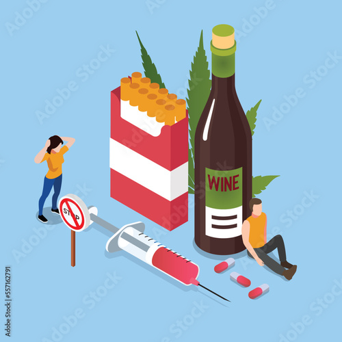 Stop drug and alcohol addiction isometric 3d vector illustration concept for banner, website, illustration, landing page, flyer, etc.