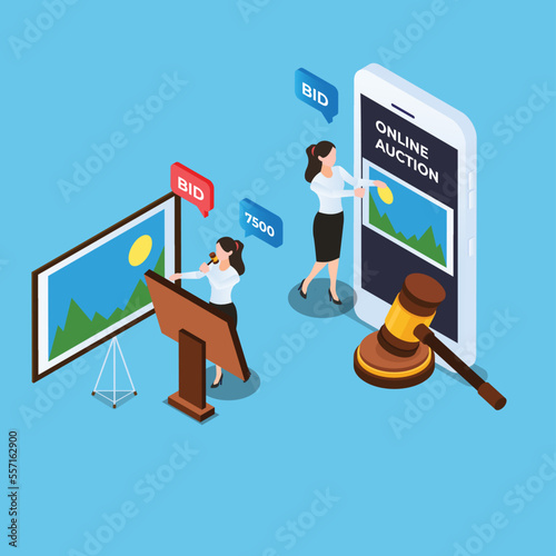 Online auction isometric 3d vector illustration concept for banner, website, illustration, landing page, flyer, etc.