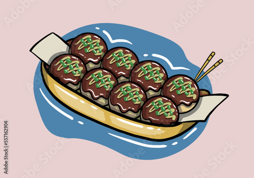 Hand drawn Takoyaki ball dumplings or Octopus balls. Takoyaki is a most famous Japanese snack food in Osaka, Japan.
