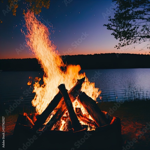 A roaring campfire outdoors. 