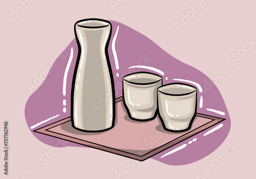 Sake glass, bottle and japan. Vector hand drawn illustration of bottle of sake in ink hand drawn style.