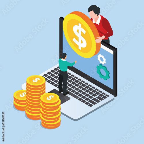 Earn money online isometric 3d vector illustration concept for banner, website, illustration, landing page, flyer, etc.