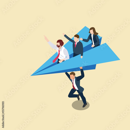 Business people on flying paper plane isometric 3d vector illustration concept for banner, website, illustration, landing page, flyer, etc.