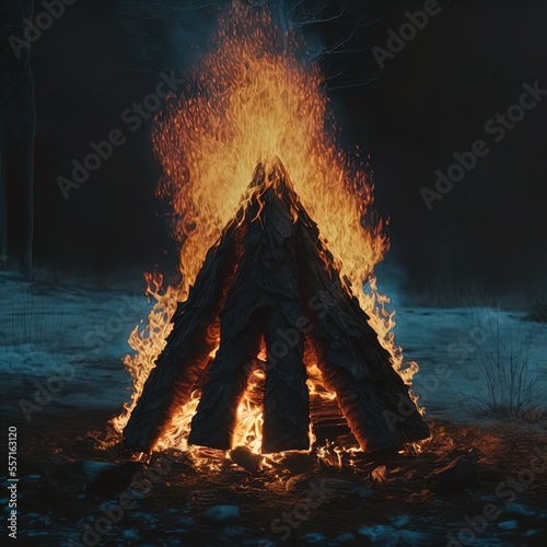 A roaring campfire outdoors. 