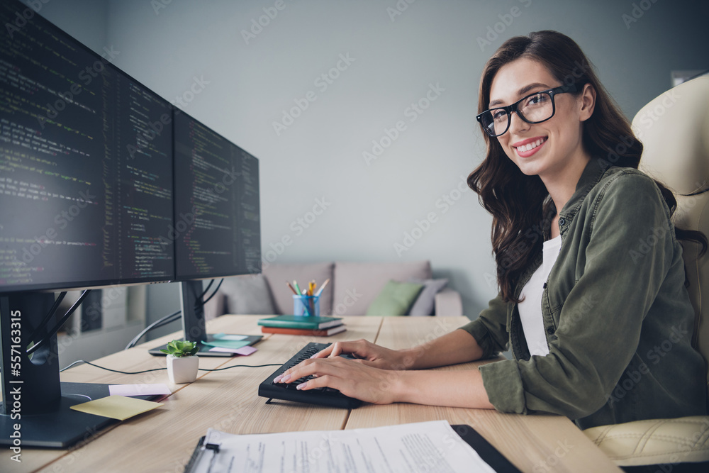 Profile side photo of smiling successful lady working modern technology upgrade operating server indoor room workstation - obrazy, fototapety, plakaty 