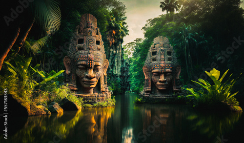 Giant aztec or maya guardian statues next to a waterfall and a river in a tropical rainforest environment © Alan