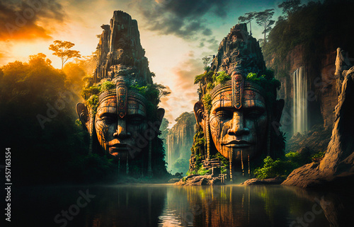 Giant aztec or maya guardian statues next to a waterfall and a river in a tropical rainforest environment photo