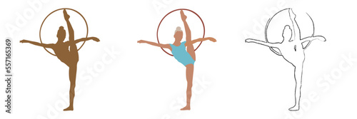 The gymnast stands on one leg and holds the hoop.