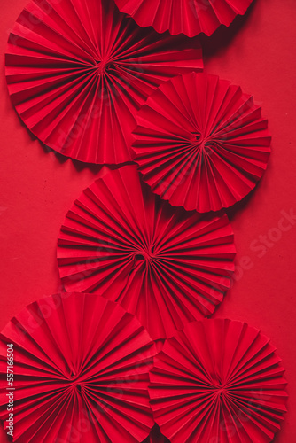 Chinese New Year 2023 .Decor pattern fan on red background. Red paper fans .Lunar New Year banner template. Lunar New Year,chinese banner,chinese new year background