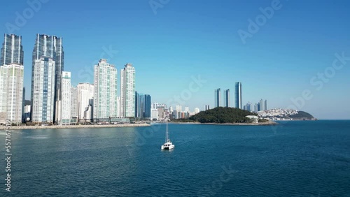 Marine City Haeundae skyscrapers with Yacht aerial view in Busan, South Korea