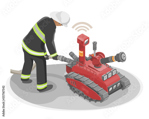 Firefighting using Fire Rescue and Scouting robot to Service dangerous fire isometric isolated vector