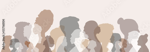 Different people stand side by side together. Flat vector illustration.