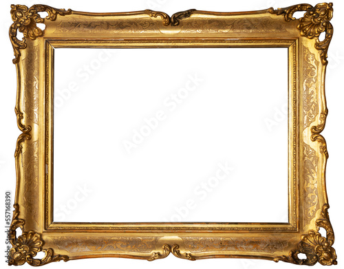 Antique golden frame isolated on white background. Old wooden frame with floral carvings painted with gold paint. Italian heritage and antiqueties