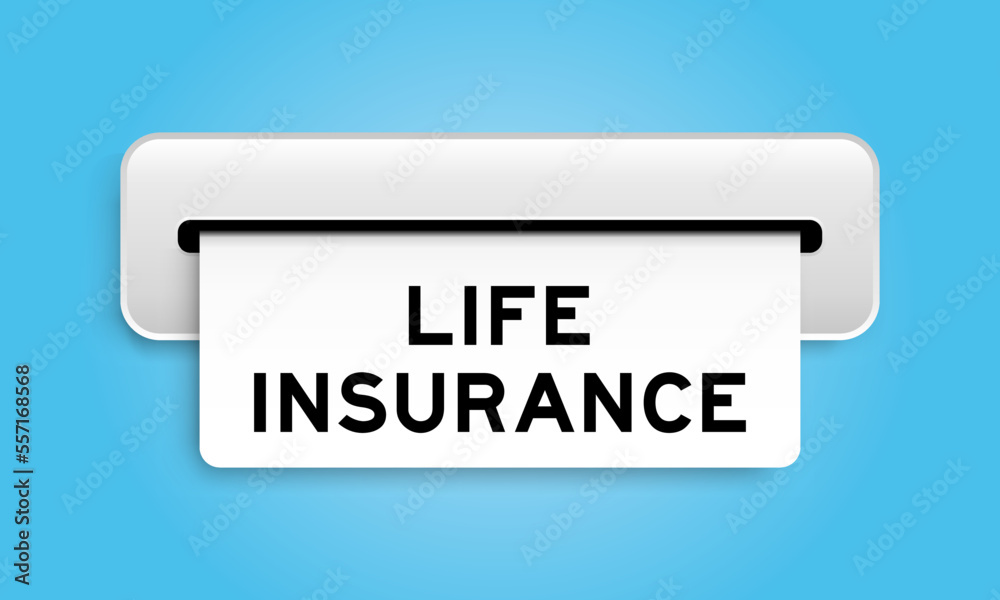 White coupon banner with word life insurance from machine on blue color background White coupon banner with word life insurance from machine on blue color background
