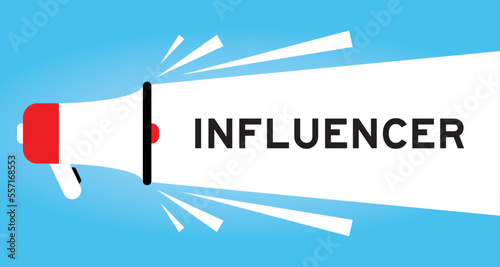 Color megaphone icon with word influencer in white banner on blue background