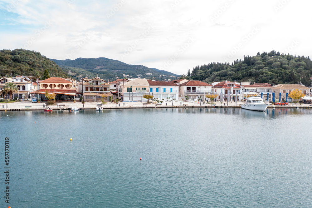 Syvota village Greece. Sivota seafront buildings, view from sea