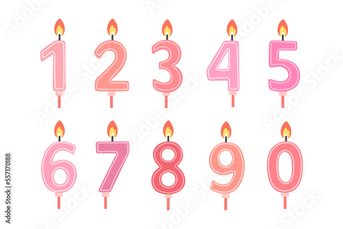 Set of Happy Birthday candle numbers. Pink color. Vector flat design