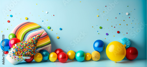 Vivid birthday or anniversary party backdrop: Multi-layered rainbow cake with sprinkles, surrounded by colorful balloons, confetti, and candies on a blue setting. generative ai 