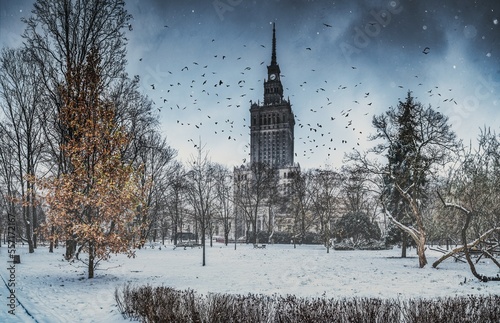 Warszawa i pałac kultury zimą z ptakami na niebie photo