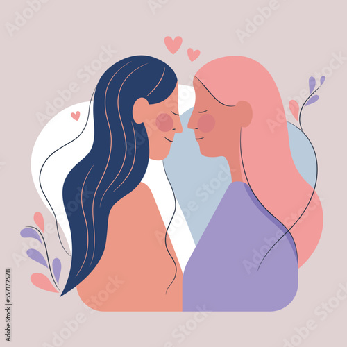 Lesbian female couple. Saint Valentine's day, greeting card with same-sex couple. Romantic LGBT postcard on isolated background