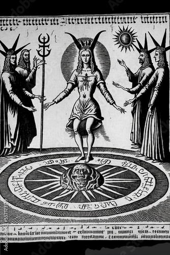 satanic ritual of sorcery and demon summon in antique medieval manuscript paper Fototapet