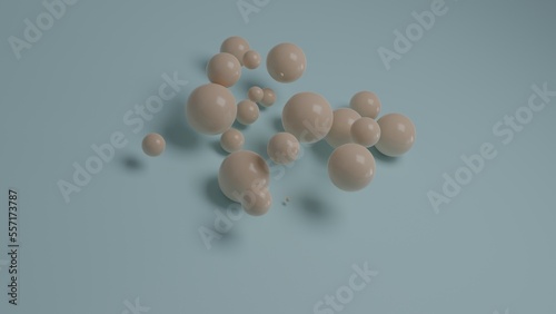 3d rendering of a lot of pink balls over a blue surface. Abstract image, the idea of beautiful chaos and disorder.