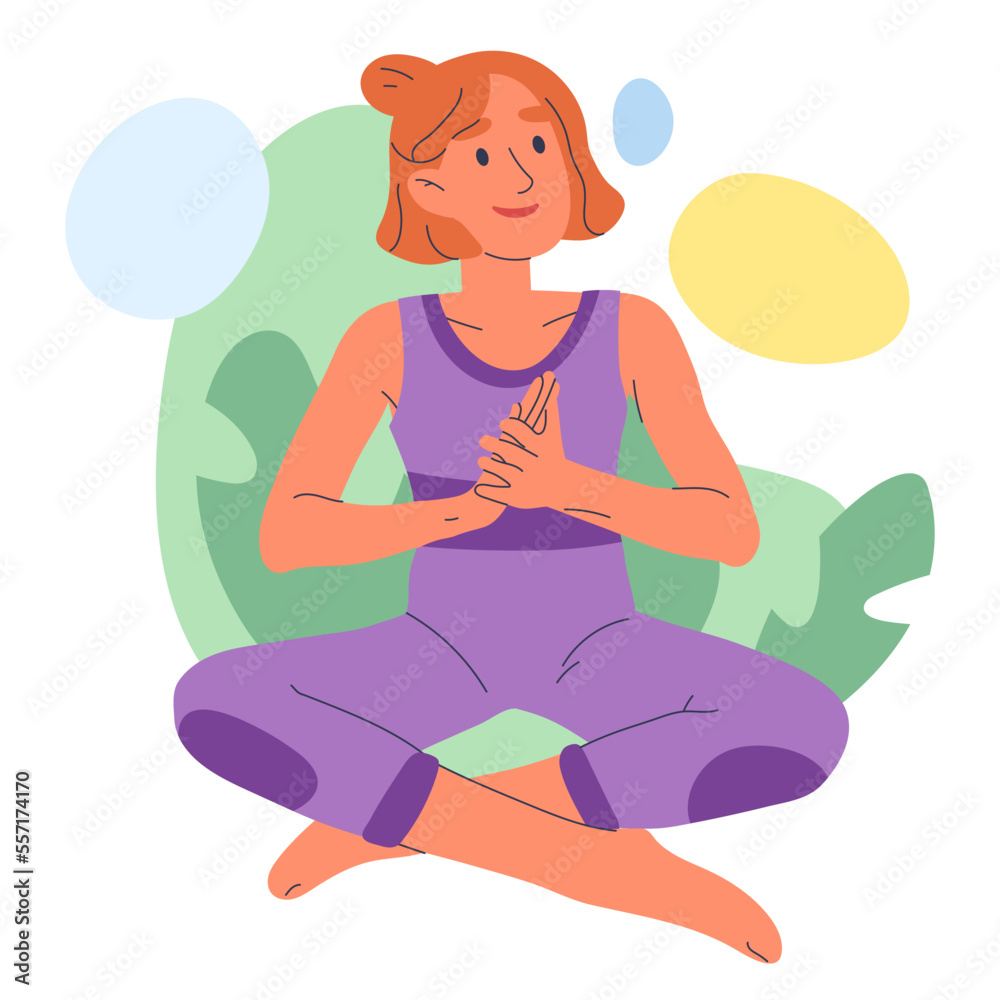 Meditating woman in lotus pose. Mindful, relaxing yoga meditation, female person breath and balance training flat vector illustration on white background Meditating woman in lotus pose. Mindful, relaxing yoga meditation, female person breath and balance training flat vector illustration on white background