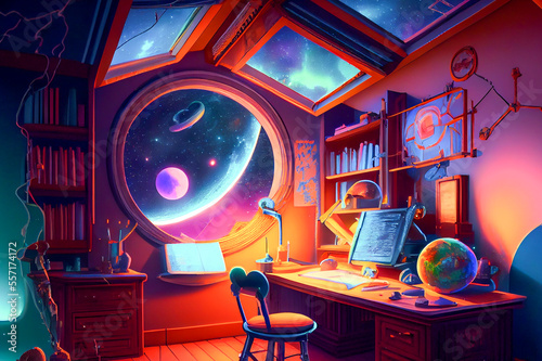 Fantasy astronomer workplace, ai illustration