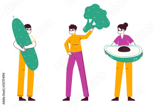 Tiny people carrying vegetables. Small characters with vegetarian healthy food, huge cucumber, avocado and broccoli flat vector illustration on white background