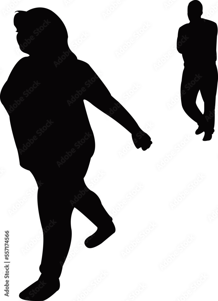 a woman walking and a man standing , body silhouette vector