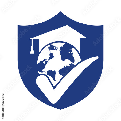 Education world vector logo template with globe and student hat symbol.