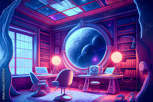 Foto Fantasy astronomer workplace, ai illustration