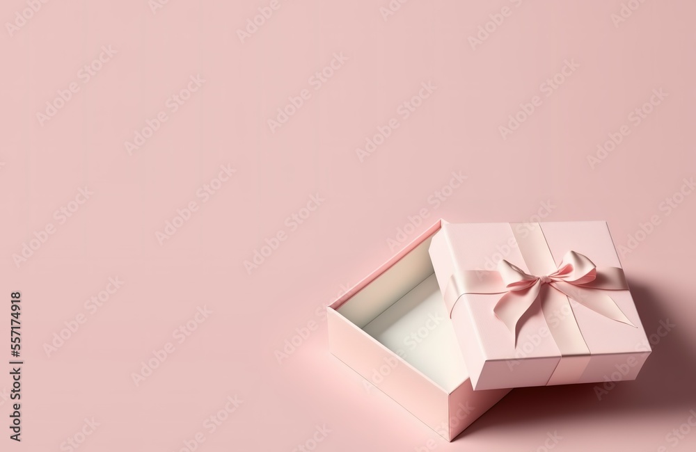 Opened Gift Box With Pink Ribbon Bow On Pink Background In Down Left Corner Copy Scape Generative AI