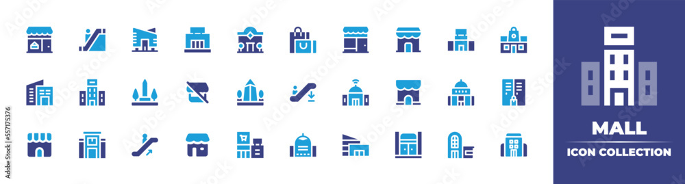 Mall icon collection. Duotone color. Vector illustration. Containing shop, escalator, mall, shopping bag, store, shopping mall, obelisk, shopping center, lockers, escalator up, and more.