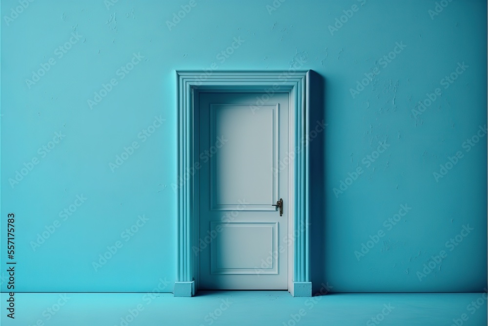 Closed Wooden Door On Blue Wall Pastel Colors Generative AI