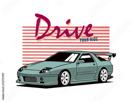cute 90s car vector illustration with striped background and text in blue and pink coloring