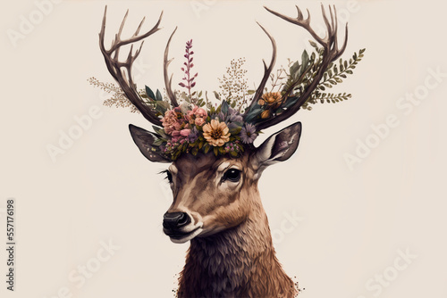 Beautiful deer with antlers and flower crown. 