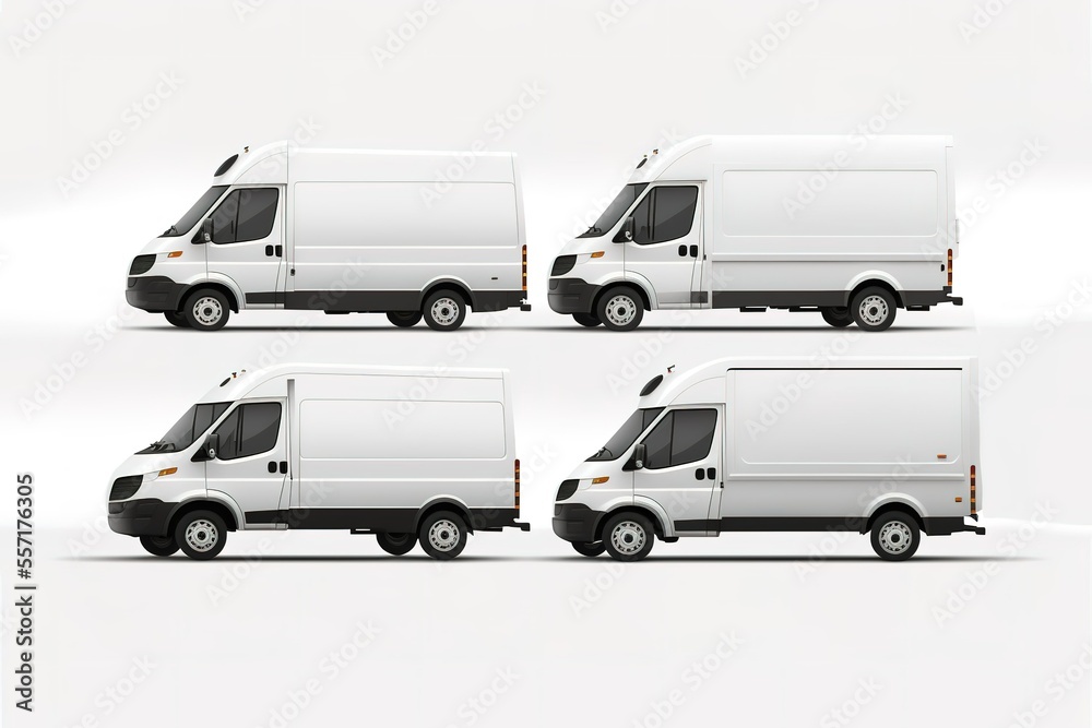 Four Delivery Vehicles Vans On A White Background Company Delivery Vehicles Generative AI