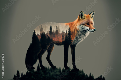 Double exposure illustration of a fox and foggy forest