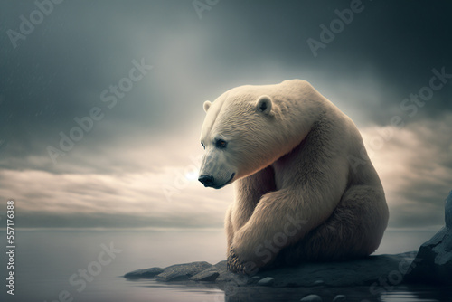 Illustration of  a sad polar bear in the arctic at climate change. Global warming concept. 