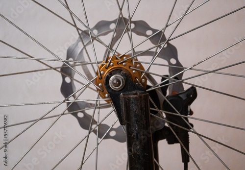 detail of trial bike, wheel tyre and disk brake photo
