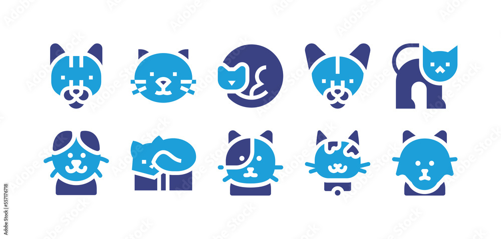 Cat breeds icon set. Duotone color. Vector illustration. Containing russian blue cat, cat, burmese, scottish fold cat, turkish angora.